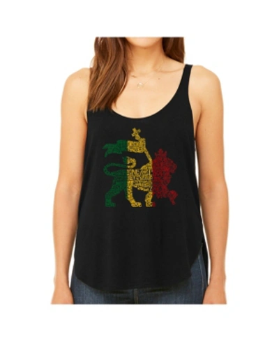 La Pop Art Women's Premium Word Art Flowy Tank Top- Rasta Lion In Black