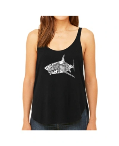 La Pop Art Women's Premium Word Art Flowy Tank Top- Species Of Shark In Black