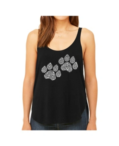 La Pop Art Women's Premium Word Art Flowy Tank Top- Woof Paw Prints In Black