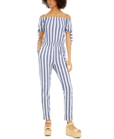 Planet Gold Juniors' Striped Off-the-shoulder Jumpsuit In Blue/white