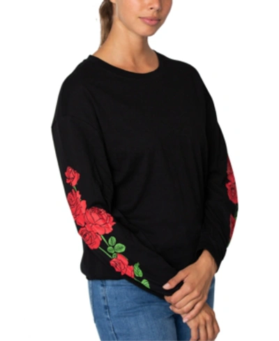 Rebellious One Juniors' Cotton Roses Graphic T-shirt With Back Detail In Black
