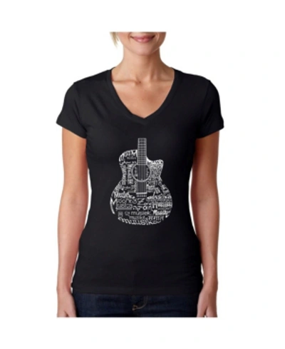La Pop Art Women's Word Art V-neck Languages Guitar T-shirt In Black