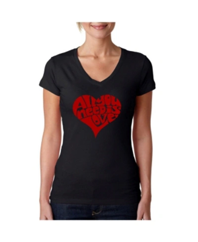 La Pop Art Women's V-neck T-shirt With All You Need Is Love Word Art In Black