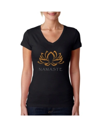 La Pop Art Women's V-neck T-shirt With Namaste Word Art In Black