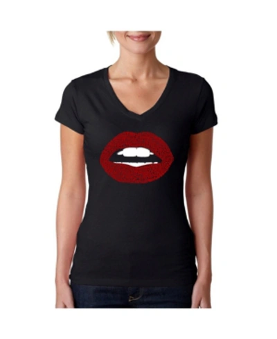La Pop Art Women's V-neck T-shirt With Fabulous Lips Word Art In Black