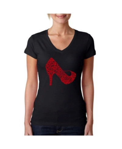 La Pop Art Women's V-neck T-shirt With High Heel Word Art In Black