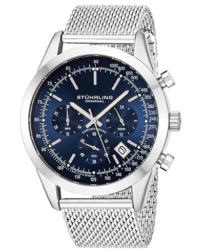 Stuhrling Men's Quartz Chronograph Date Silver-tone Stainless Steel Mesh Bracelet Watch 44mm In Blue