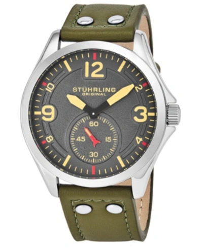 Stuhrling Original Men's Quartz, Silver Case, Grey Dial Watch On A Light Brown Genuine Leather Strap With Whit In Green
