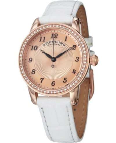 Stuhrling Original Classy Ladies Ultra Slim Quartz Watch, Rose Tone Case On White Alligator Embossed Genuine L In Blush