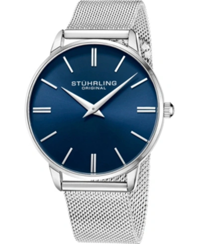 Stuhrling Men's Silver Tone Mesh Stainless Steel Bracelet Watch 42mm In Blue