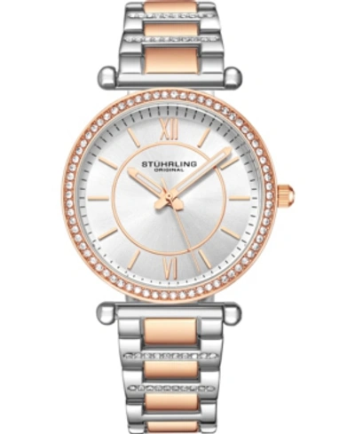Stuhrling Original Women's Crystal Studded Rose Case And Bracelet, Silver Dial 36mm Watch In White