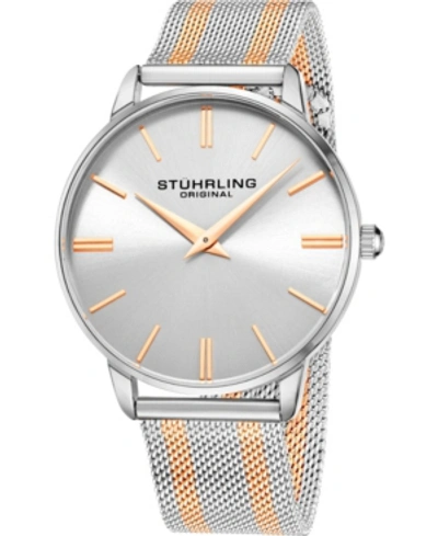 Stuhrling Men's Rose Gold, Silver Tone Mesh Stainless Steel Bracelet Watch 42mm In Pink