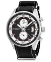 STUHRLING ORIGINAL MEN'S QUARTZ, SILVER CASE, SILVER DIAL; BLACK AND GREY STRIPPED NYLON STRAP DATE DUAL TIME 