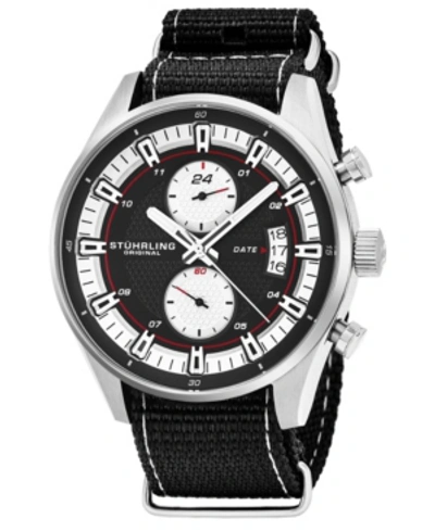 Stuhrling Original Men's Quartz, Silver Case, Silver Dial; Black And Grey Stripped Nylon Strap Date Dual Time