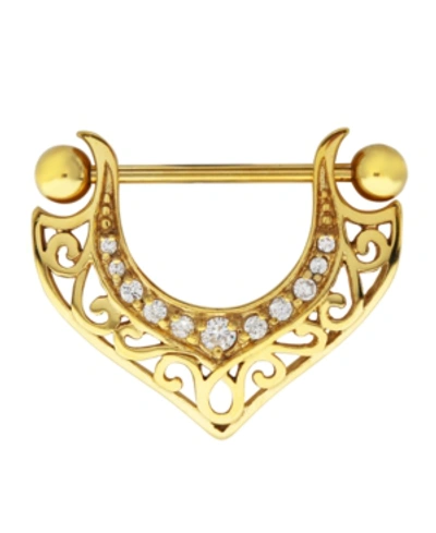 Rhona Sutton Bodifine Stainless Steel Crystal Filigree Shield Nipple Bar In Gold