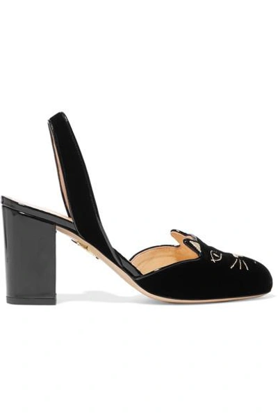 Charlotte Olympia Kitty Embroidered Patent-leather Trimmed Velvet Slingback Pumps In Black
