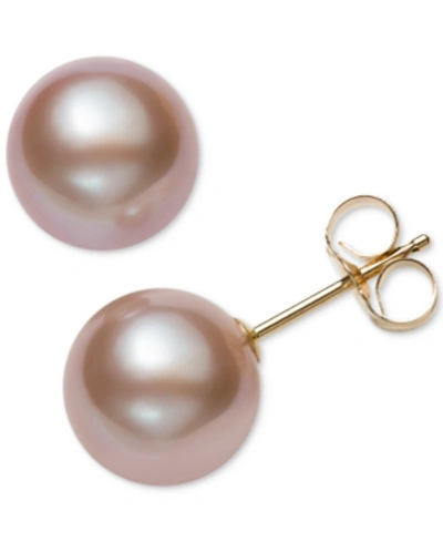 Belle De Mer Cultured Freshwater Pearl Stud 14k Yellow Gold Earrings (8mm) In Pink