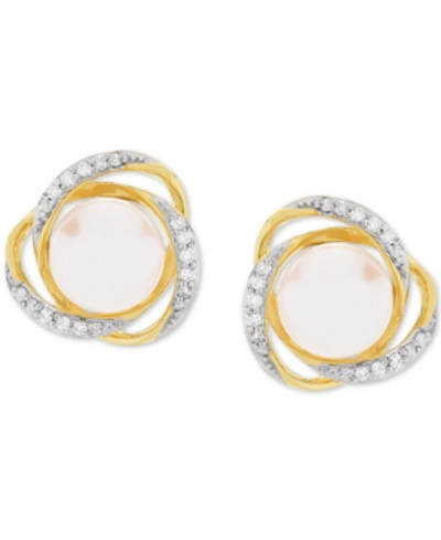 Honora Cultured Freshwater Pearl (7mm) & Diamond (1/8 Ct. T.w.) Stud Earrings In 14k Gold In Yellow Gold