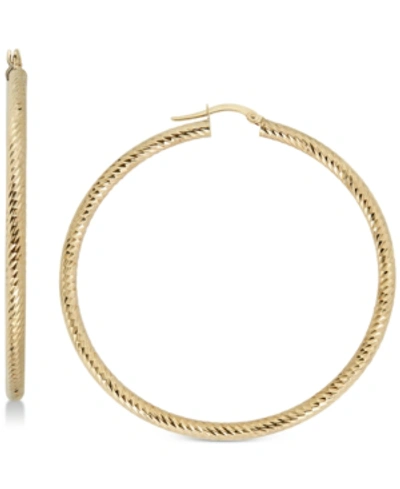 Italian Gold Textured Hoop Earrings In 14k Gold, 50mm, Made In Italy In Yellow Gold