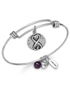 UNWRITTEN SISTERS INFINITY SILVER PLATED CHARM AND AMETHYST (8MM) BANGLE BRACELET