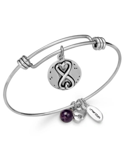 Unwritten Sisters Infinity Silver Plated Charm And Amethyst (8mm) Bangle Bracelet