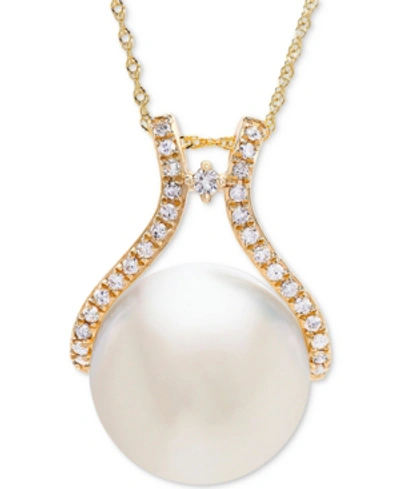 Honora Cultured White Ming Pearl (10mm) & Diamond (1/5 Ct. T.w.) Pendant Necklace In 14k Gold