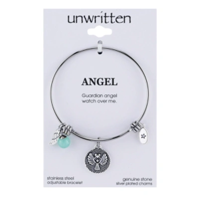 Unwritten Angel Charm And Amazonite (8mm) Bangle Bracelet In Stainless Steel With Silver Plated Charms