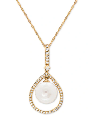 Honora White Cultured Freshwater Pearl (9mm) & Diamond (1/5 Ct. T.w.) 18" Pendant Necklace In 14k Gold