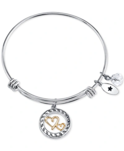 Unwritten Two-tone Double Heart Mother Daughter Charm Bangle Bracelet In Stainless Steel With Silver Plated Ch