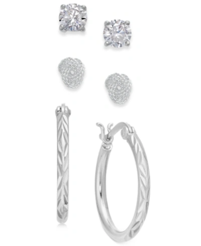 Giani Bernini Sterling Silver 3-pc. Set Cubic Zirconia Stud & Hoop Earrings, Created For Macy's