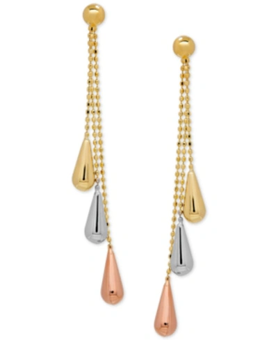 Italian Gold Tri-gold Linear Drop Earrings In 14k Gold, White Gold And Rose Gold, 2 Inch In Tri-tone