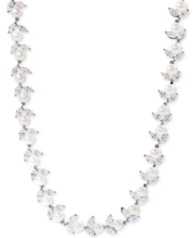 Arabella Cultured Freshwater Pearl (6mm) And Cubic Zirconia Collar Necklace In Sterling Silver In White