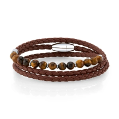 He Rocks Brown Leather And Tiger Eye Bead Triple Wrap Bracelet With Stainless Steel Clasp, 26" In Brown/stainless Steel