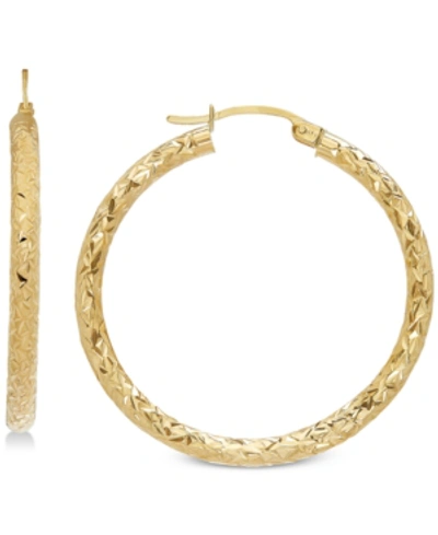 Italian Gold Textured Hoop Earrings In 14k Gold, 1 3/8 Inch In Yellow Gold