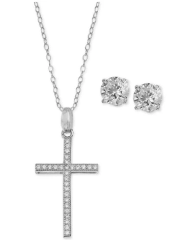 Giani Bernini Cubic Zirconia Cross Pendant Necklace And Stud Earrings Set In Sterling Silver, Created For Macy's