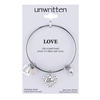 Unwritten Love Charm And Rose Quartz (8mm) Bangle Bracelet In Stainless Steel With Silver Plated Charms