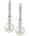 Effy Collection Effy Cultured Freshwater Pearl (7mm) & Diamond (1/6 Ct. T.w.) Hoop Drop Earrings In 14k White Gold In White Gold