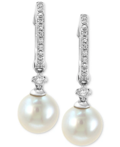 Effy Collection Effy Cultured Freshwater Pearl (7mm) & Diamond (1/6 Ct. T.w.) Hoop Drop Earrings In 14k White Gold