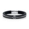 HE ROCKS BLACK LEATHER AND CROSS DESIGN STAINLESS STEEL CHAIN BRACELET, 8.5"