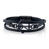 HE ROCKS BLACK LEATHER AND ANCHOR TRIPLE WRAP BRACELET IN STAINLESS STEEL, 26"