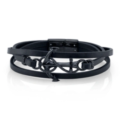 He Rocks Black Leather And Anchor Triple Wrap Bracelet In Stainless Steel, 26" In Black Stainless Steel
