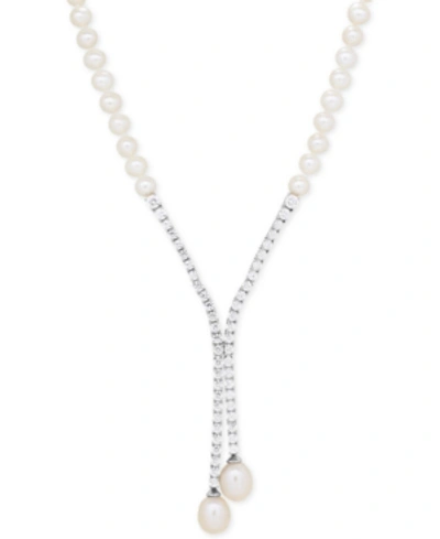 Arabella Cultured Freshwater Pearl (5mm & 10 X 8mm) & Cubic Zirconia Lariat Necklace In Sterling Silver, Crea In White