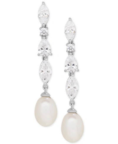 Arabella Cultured Freshwater Pearl (9 X 7mm) & Cubic Zirconia Drop Earrings In Sterling Silver, Created For M In White