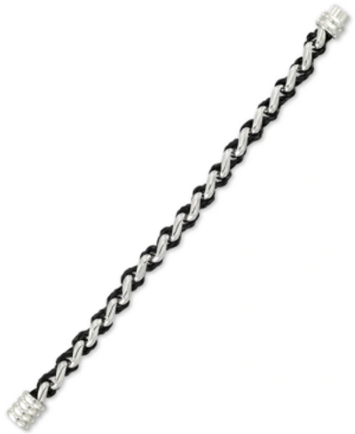 Legacy For Men By Simone I. Smith Black Leather Braided Bracelet In Stainless Steel In White