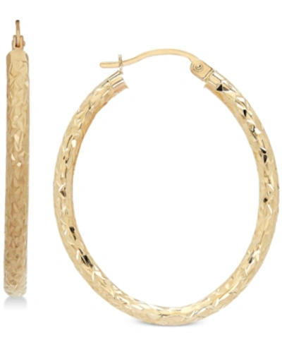 Italian Gold Textured Oval Hoop Earrings In 14k Gold, 1-3/8 Inch In Yellow Gold