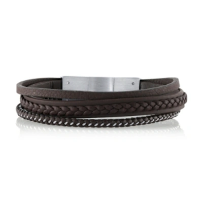 He Rocks Brown Leather And Stainless Steel Triple Wrap Bracelet, 8.5" In Silver