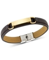 Legacy For Men By Simone I. Smith Id Plate Brown Leather Bracelet In Stainless Steel Yellow Ion-plat In Gold Tone Over Stainless Steel