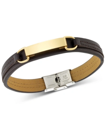 Legacy For Men By Simone I. Smith Id Plate Brown Leather Bracelet In Stainless Steel Yellow Ion-plat