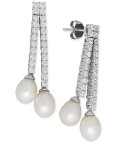 Arabella Cultured Freshwater Pearl (7mm) And Cubic Zirconia Drop Earrings In Sterling Silver