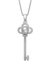 BELLE DE MER CULTURED FRESHWATER PEARL (6MM) & CUBIC ZIRCONIA CLOVER KEY 18" PENDANT NECKLACE IN STERLING SILVER